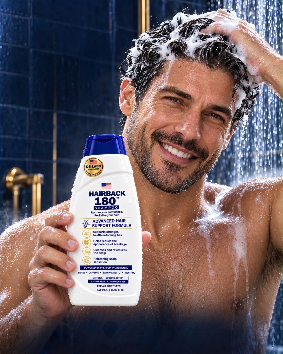 Man lathering his hair holding HairBack 180 Shampoo